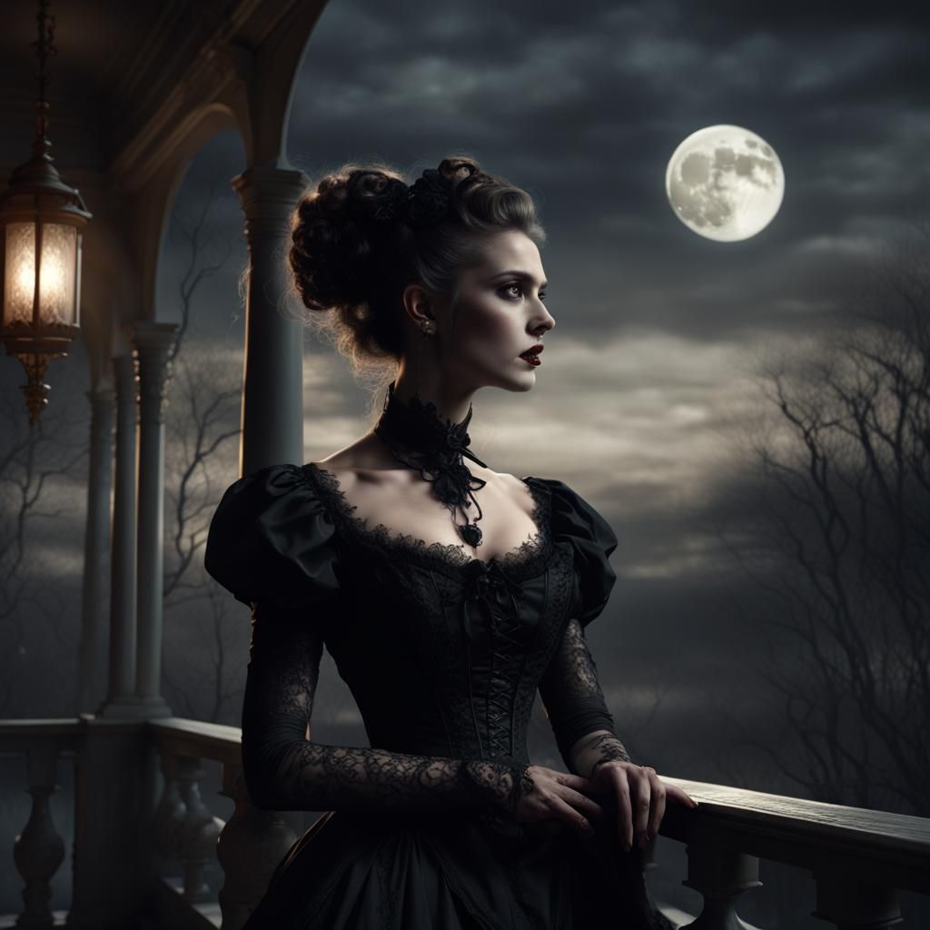 Vampire Woman in Victorian Dress Under Full Moon