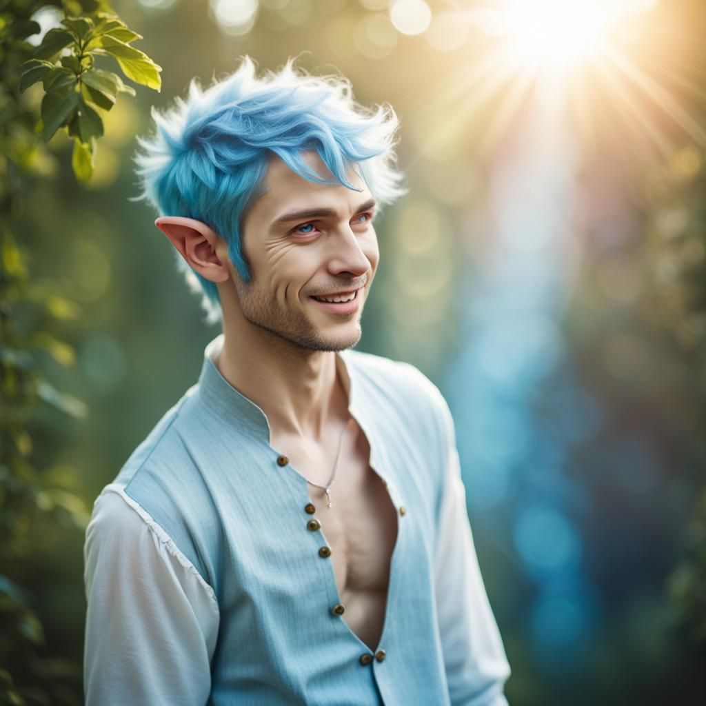 Fantasy Elf with Blue Hair in Divine Light