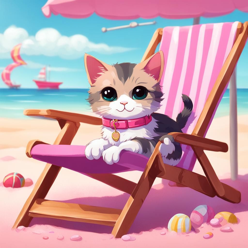 Chibi Cat Relaxing on Pink Beach Chair