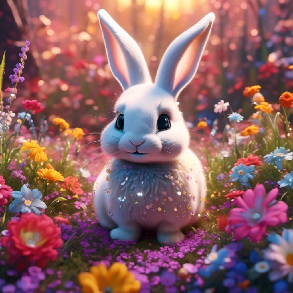 Sparkling Rabbit in Floral Scene: 3D Digital Art