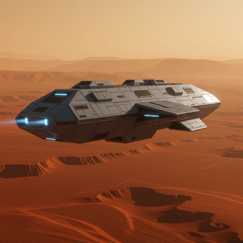 Frontier Spaceship Glides Silently Over Mars in 3D