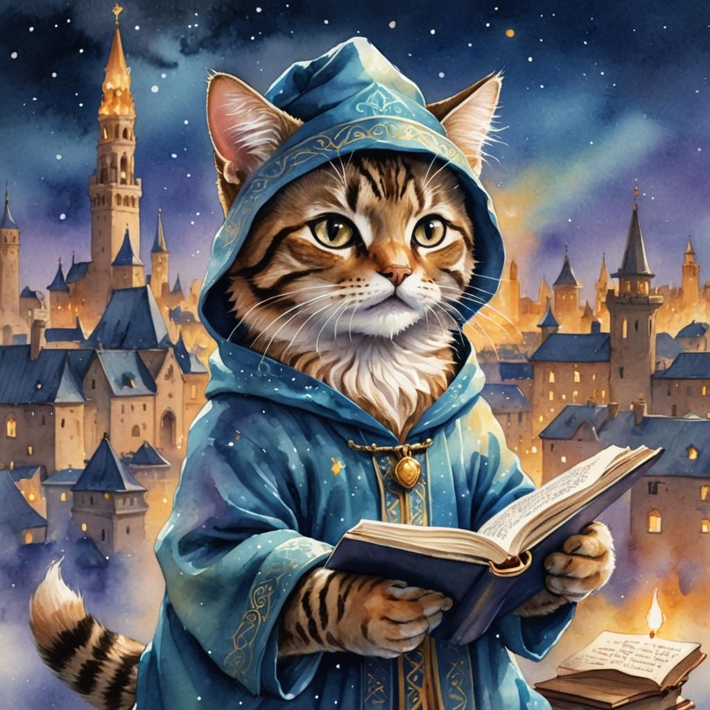 Tabby Cat Wizard with Astral Codex, Watercolor Painting