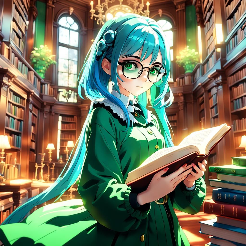 Anime Narcissist Reading in Library: 3D Art