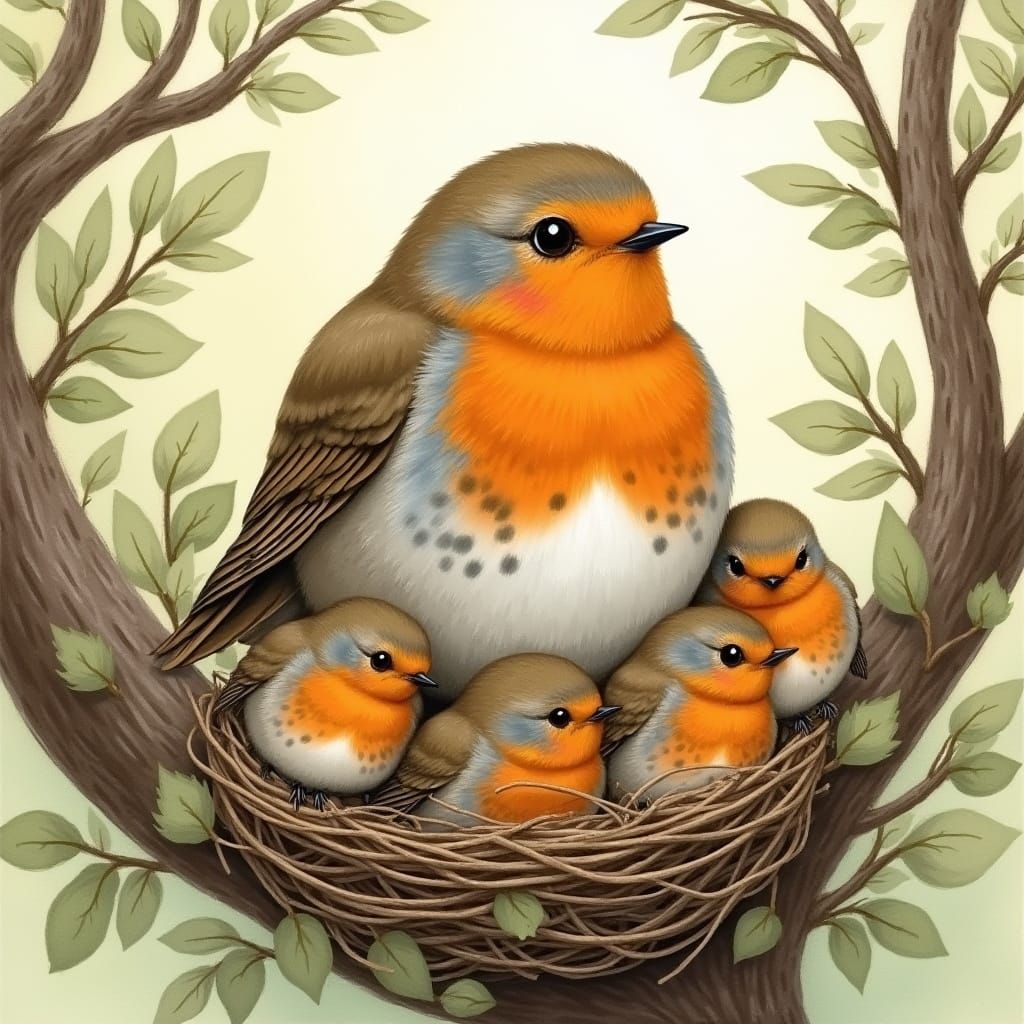 A proud mother robin with a nest full of baby robins sitting...
