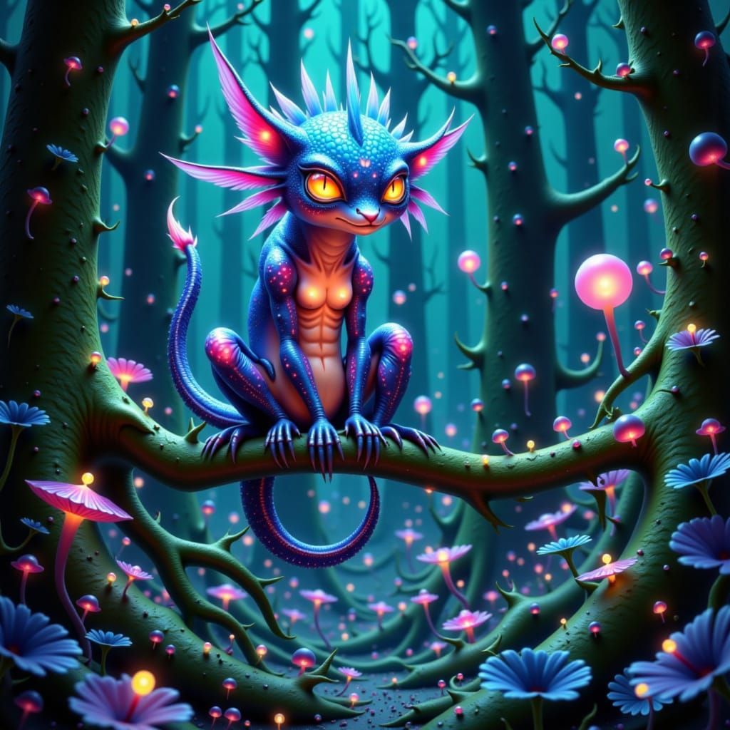 Bioluminescent Creature in Lush Alien Forest - Manga Style