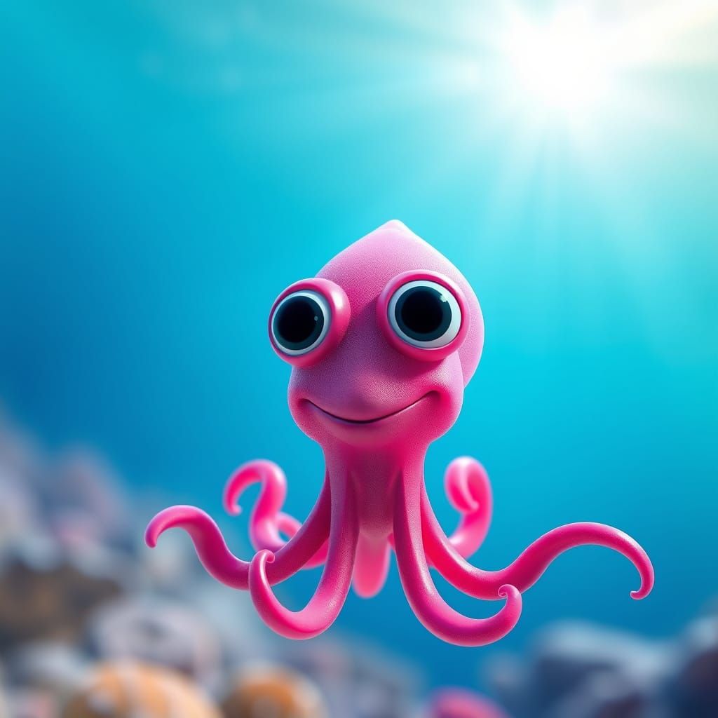 Enchanting Pink Squid in a Vibrant Ocean Scene
