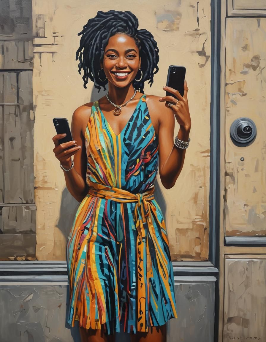 Smiling Woman in Uber: Street Art Oil Painting