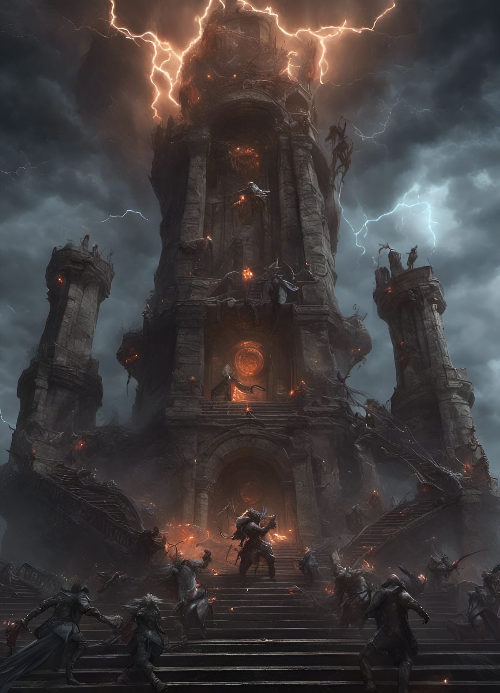 Monsters Battle on Stormy Tower Stairs