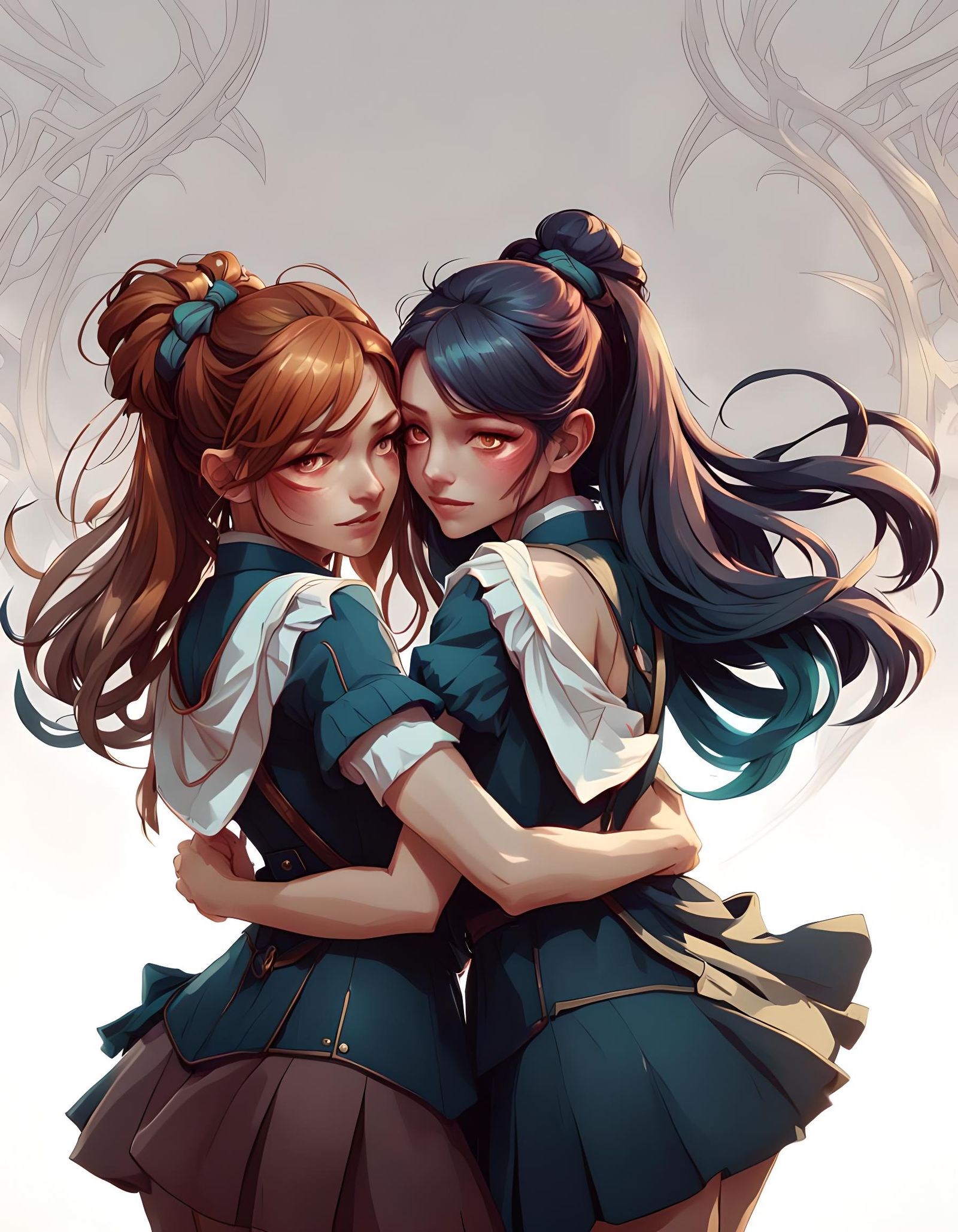 School Girls Hug: Hyperdetailed Portrait