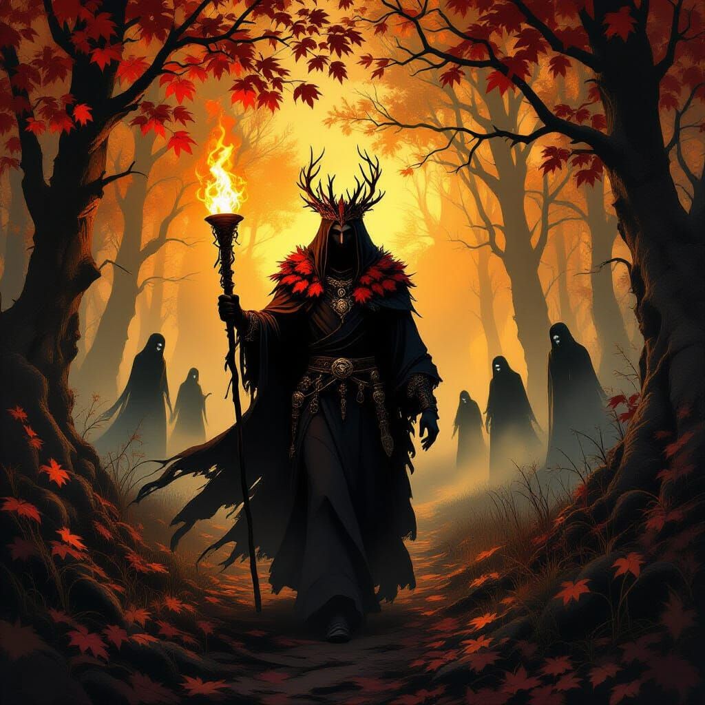 Samhain Figure in Enchanted Forest at Dusk