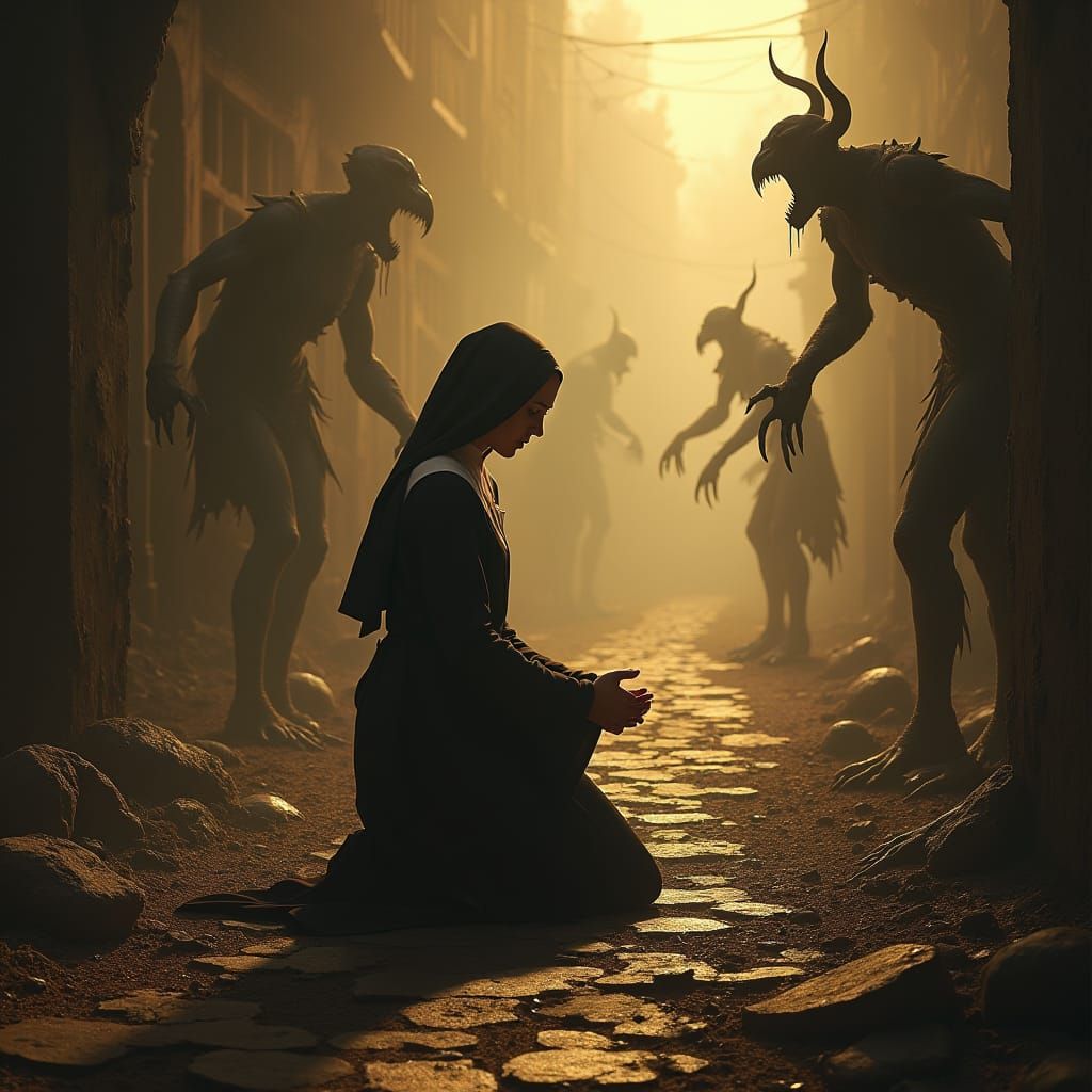 Nun Praying in Hellish Landscape, Digital Matte Painting