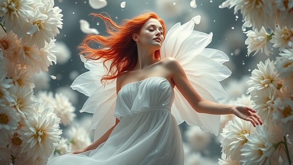 Ethereal Woman with Red Hair in Dreamlike Setting
