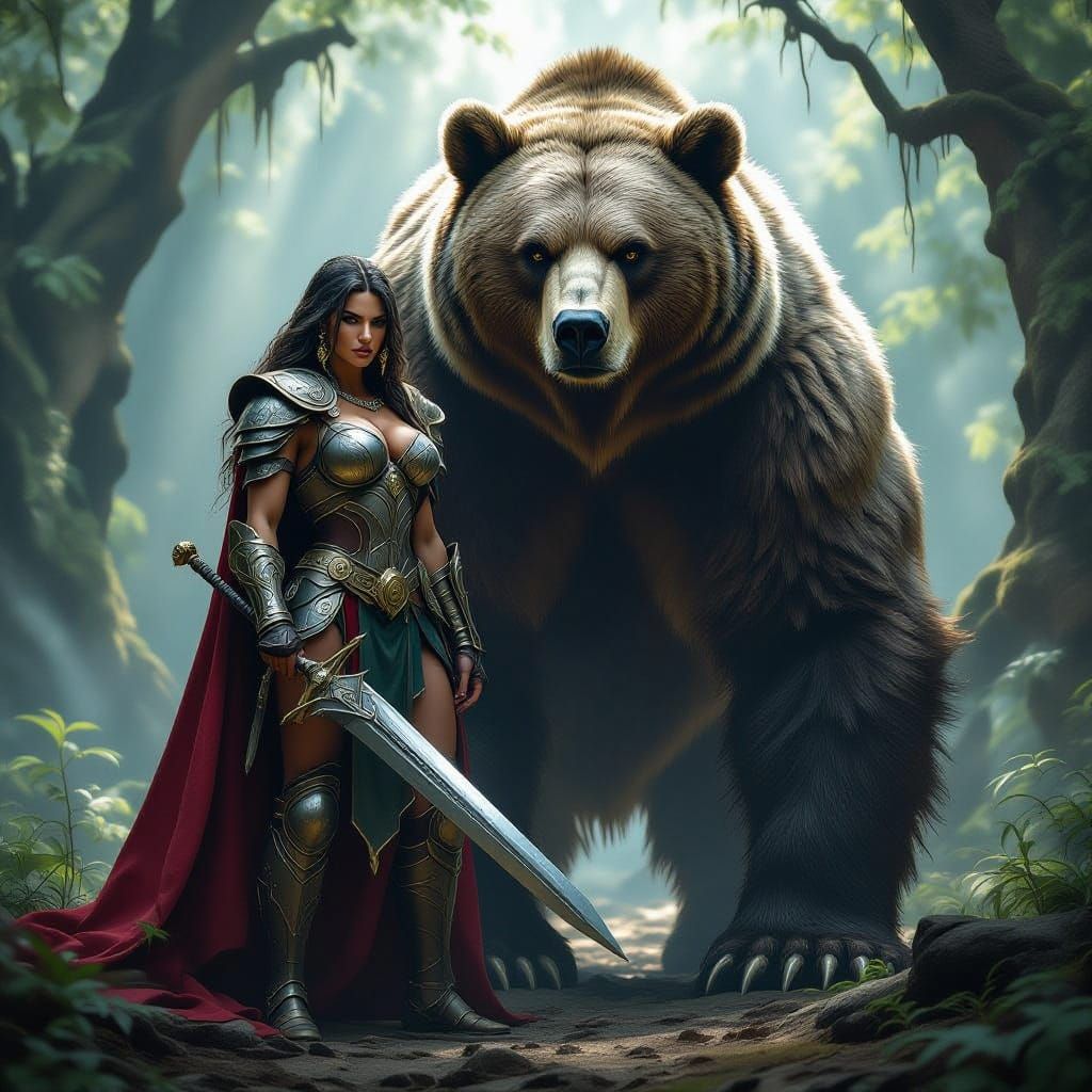 Warrior Woman and Bear in Ancient Forest