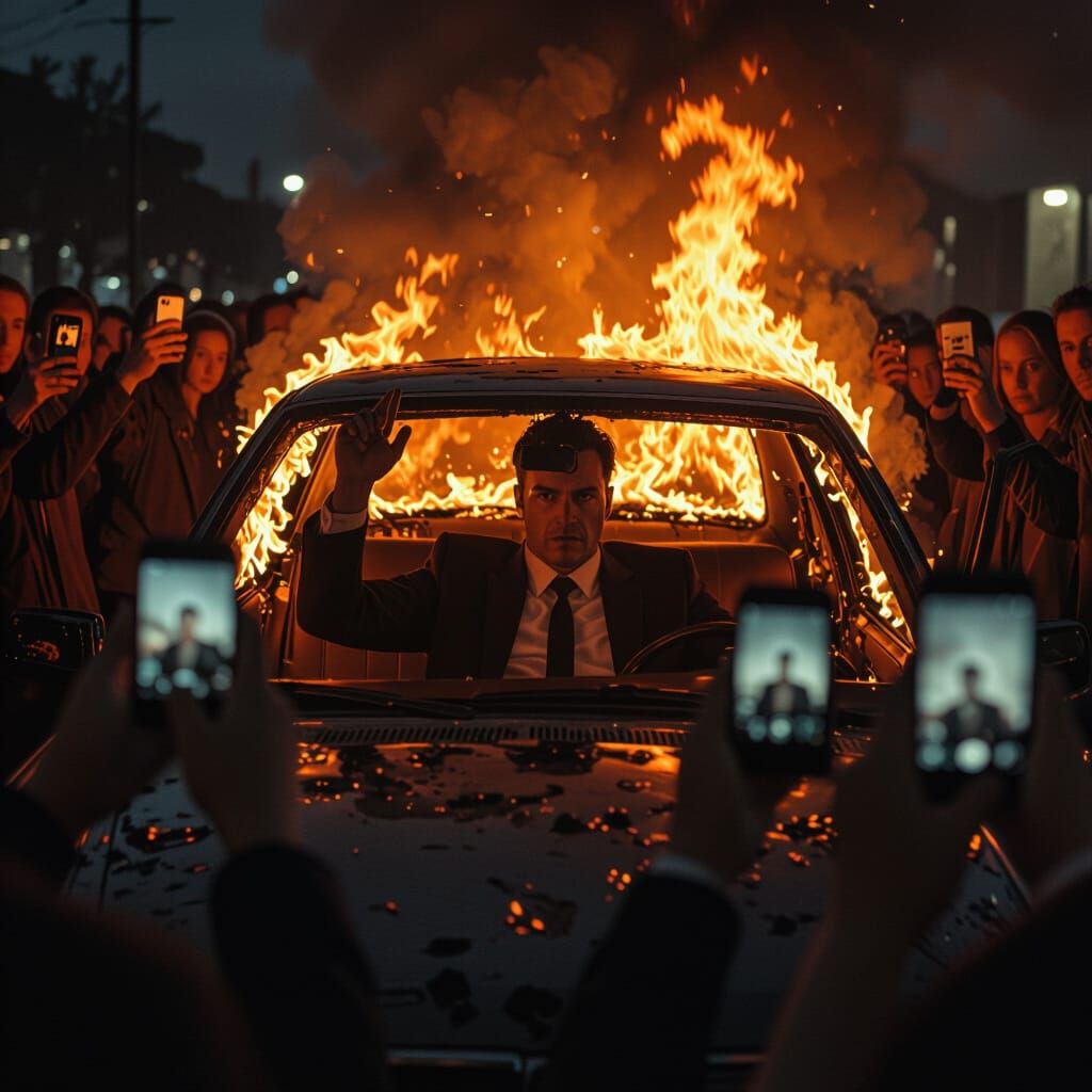 Burning Car Scene in Ash Thorp Style