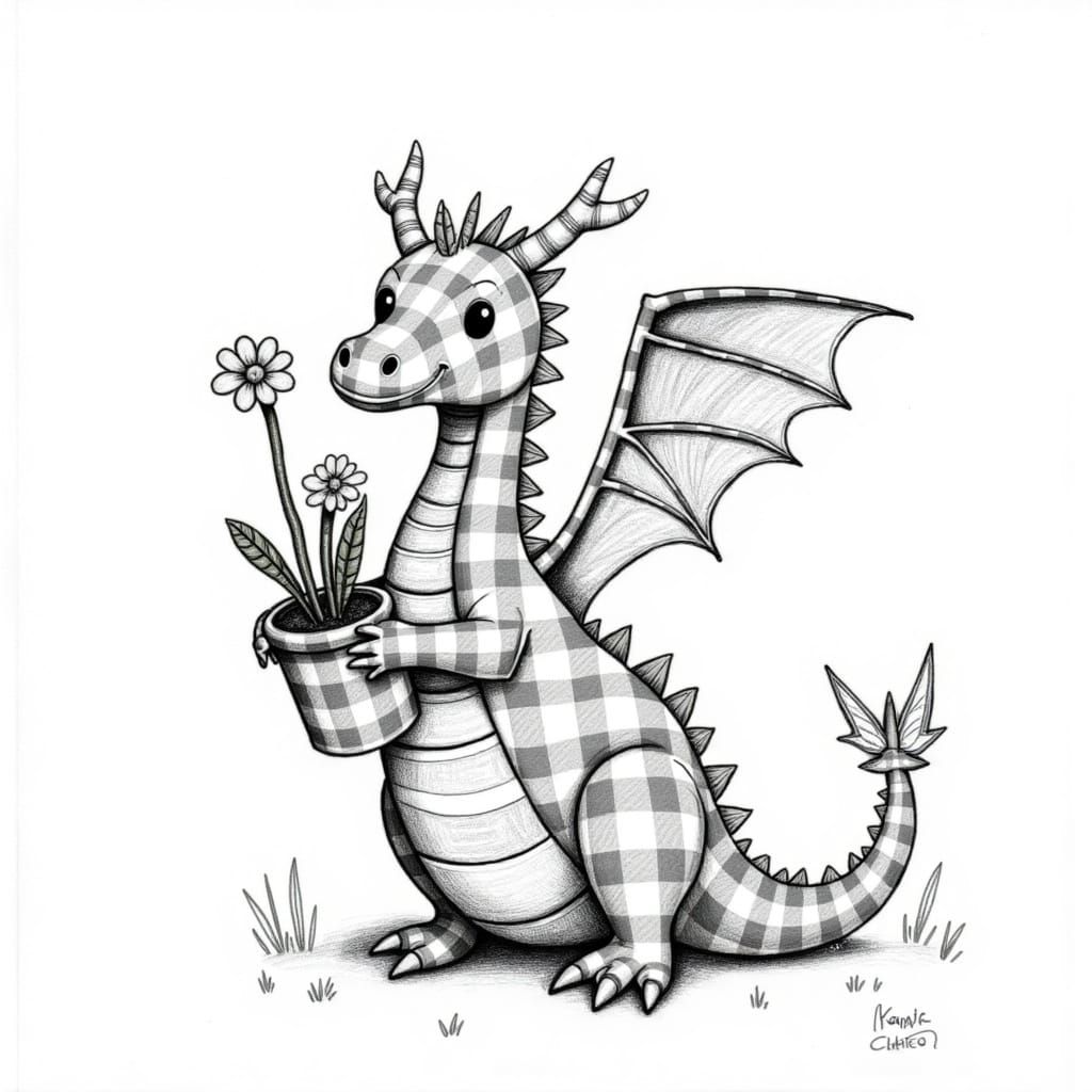 Tiny Dragon Holding Flowerpot in Charcoal Drawing Style