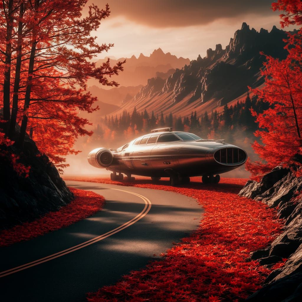 Vintage Spaceship on Autumn Road: A Cinematic Film Still