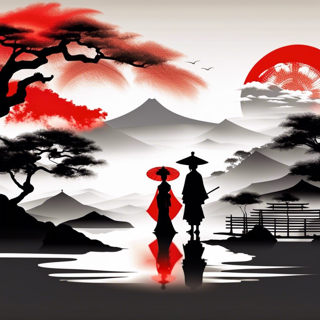 Japanese Geisha and Samurai Silhouettes with Red Sun