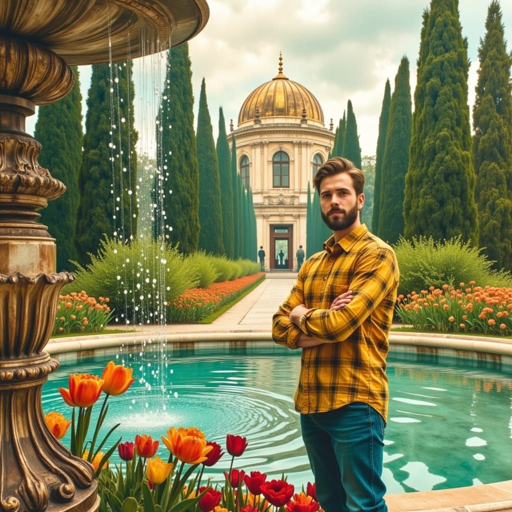 Man in Palace Garden in Dreamy Fairytale Style