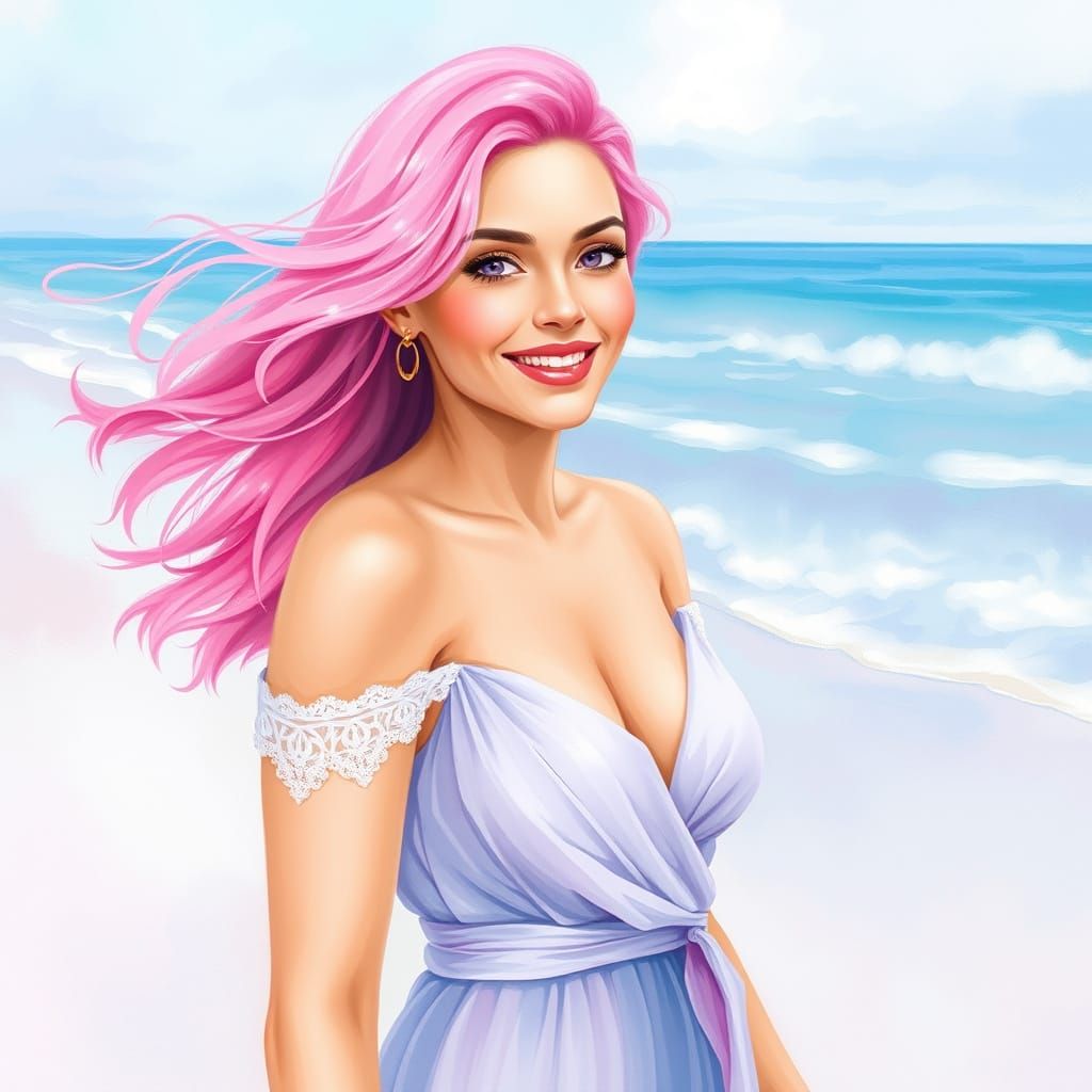 Woman in Flowing Dress on Beach, Watercolor Style