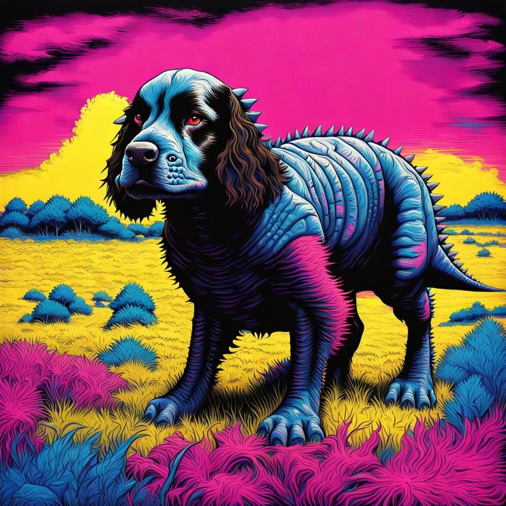 Springer Spaniel as Triceratops in Impasto Style