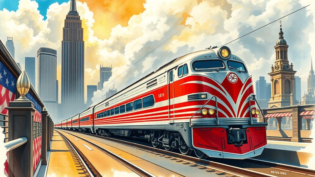Art Deco Train Departs Metropolis in Watercolour Style
