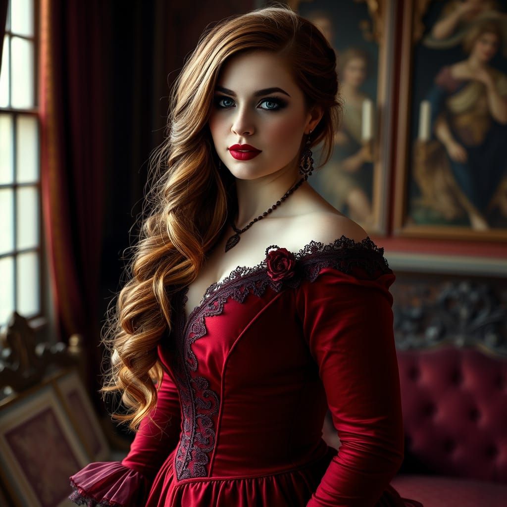 Enigmatic Lady Seraphina Devereaux in Elegant Red Gown