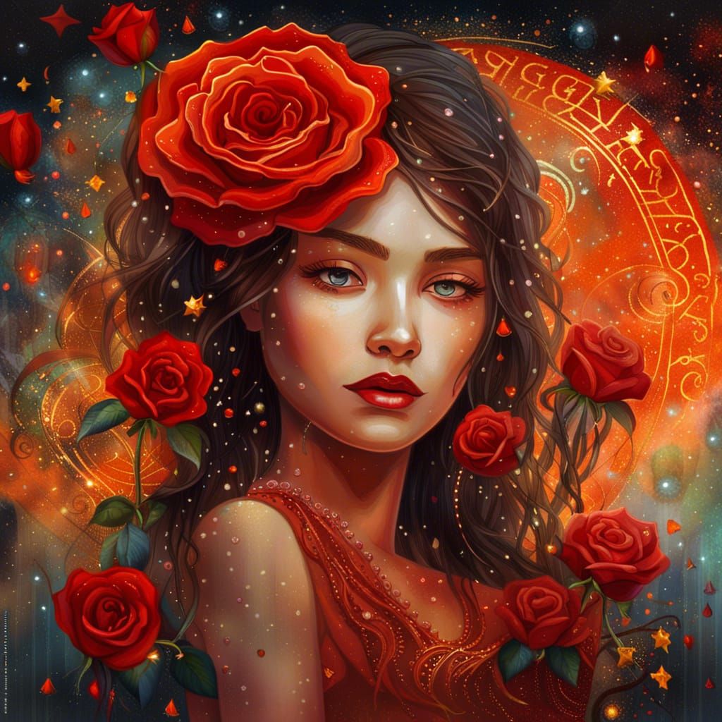 Girl with Rose and Golden Typography in Dark Fantasy
