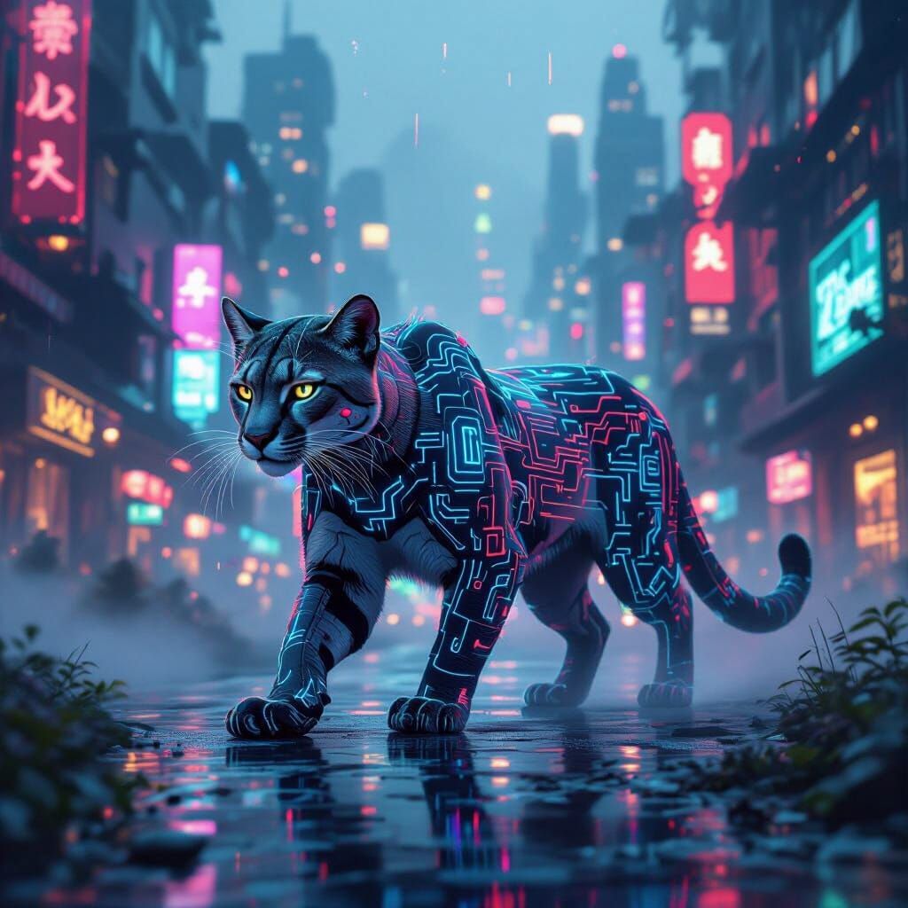 Futuristic Mountain Lion in Neon Cityscape