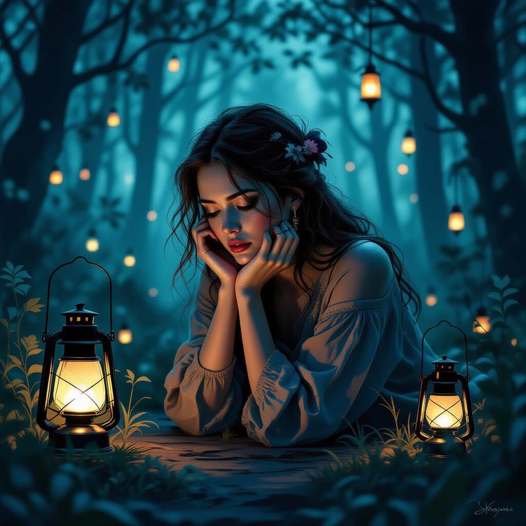 Melancholic Woman in Mystical Forest with Lanterns