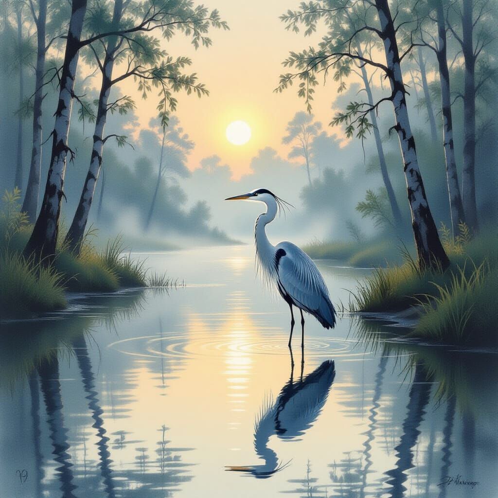 Majestic Heron in Misty River Dawn
