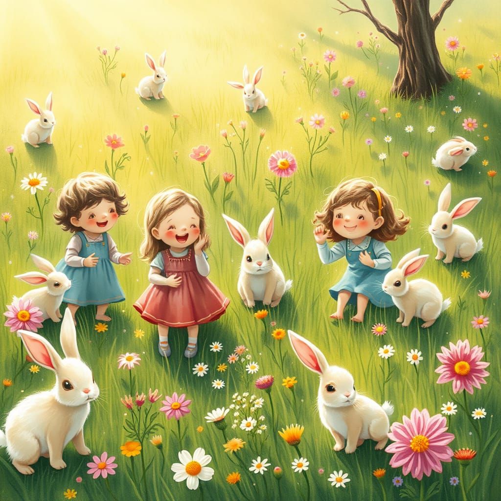 Whimsical Children's Meadow Scene in Beatrix Potter Style