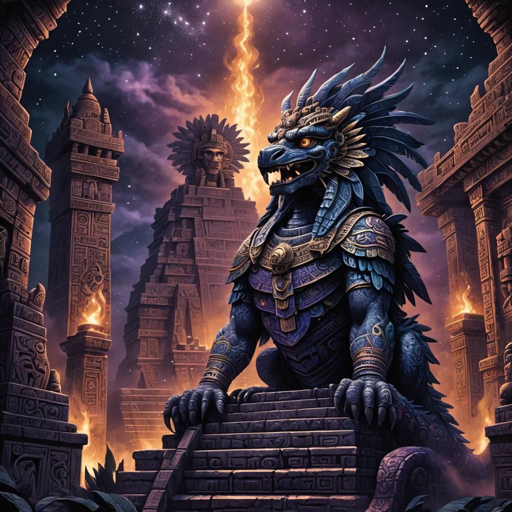 Aztec Quetzalcoatl in a Haunting Temple Under Starry Skies
