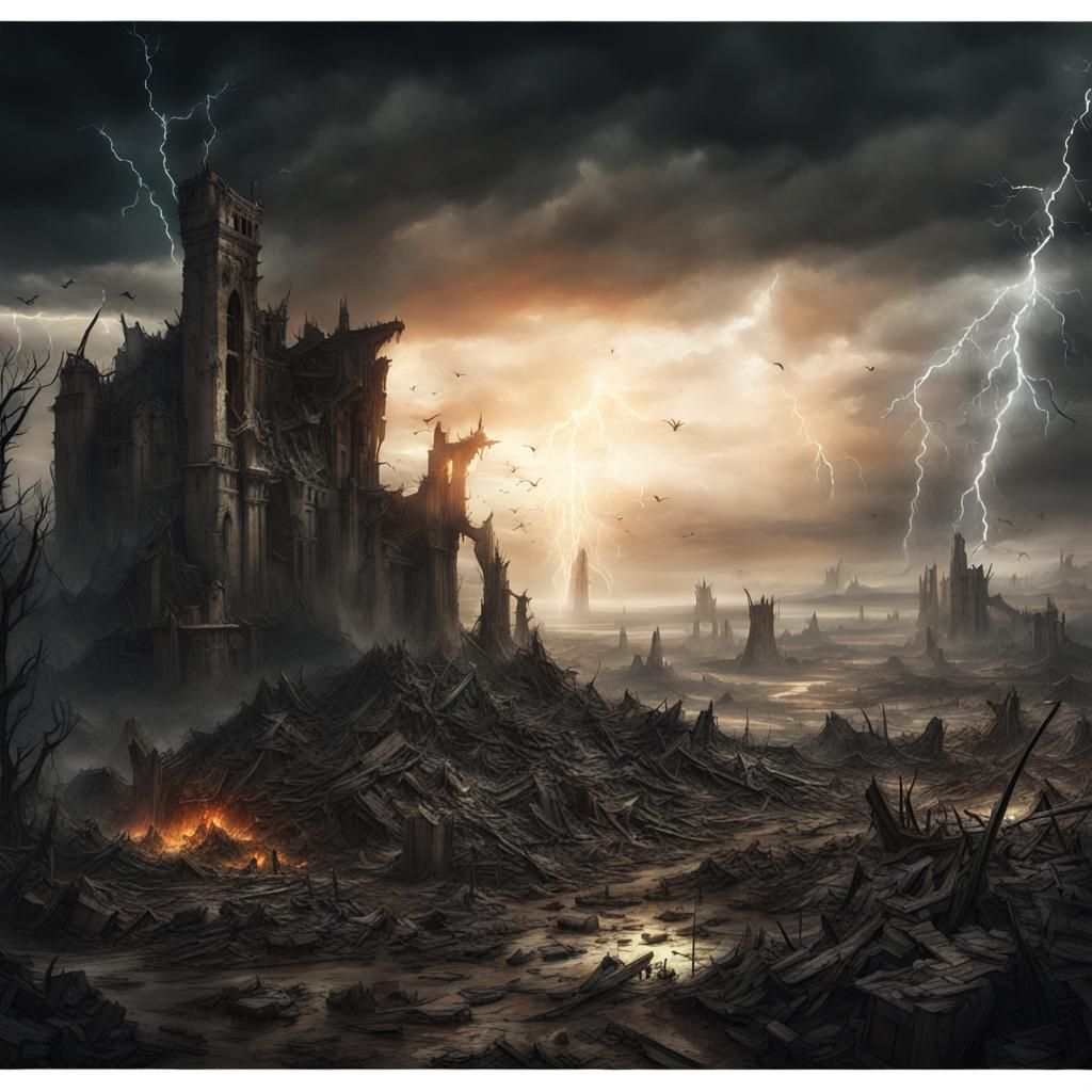 Dark Sun Over Chaotic Post-Apocalyptic Landscape