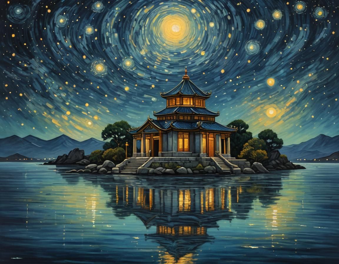 Tranquil Temple by Cosmic Sea in Van Gogh Style