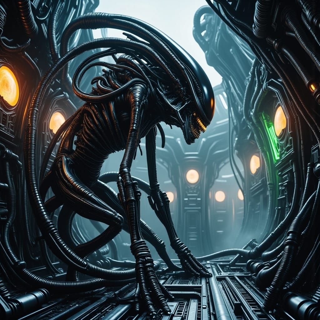 Gothic Biopunk Xenomorph Crawls Through Dark Space Ship Walk...