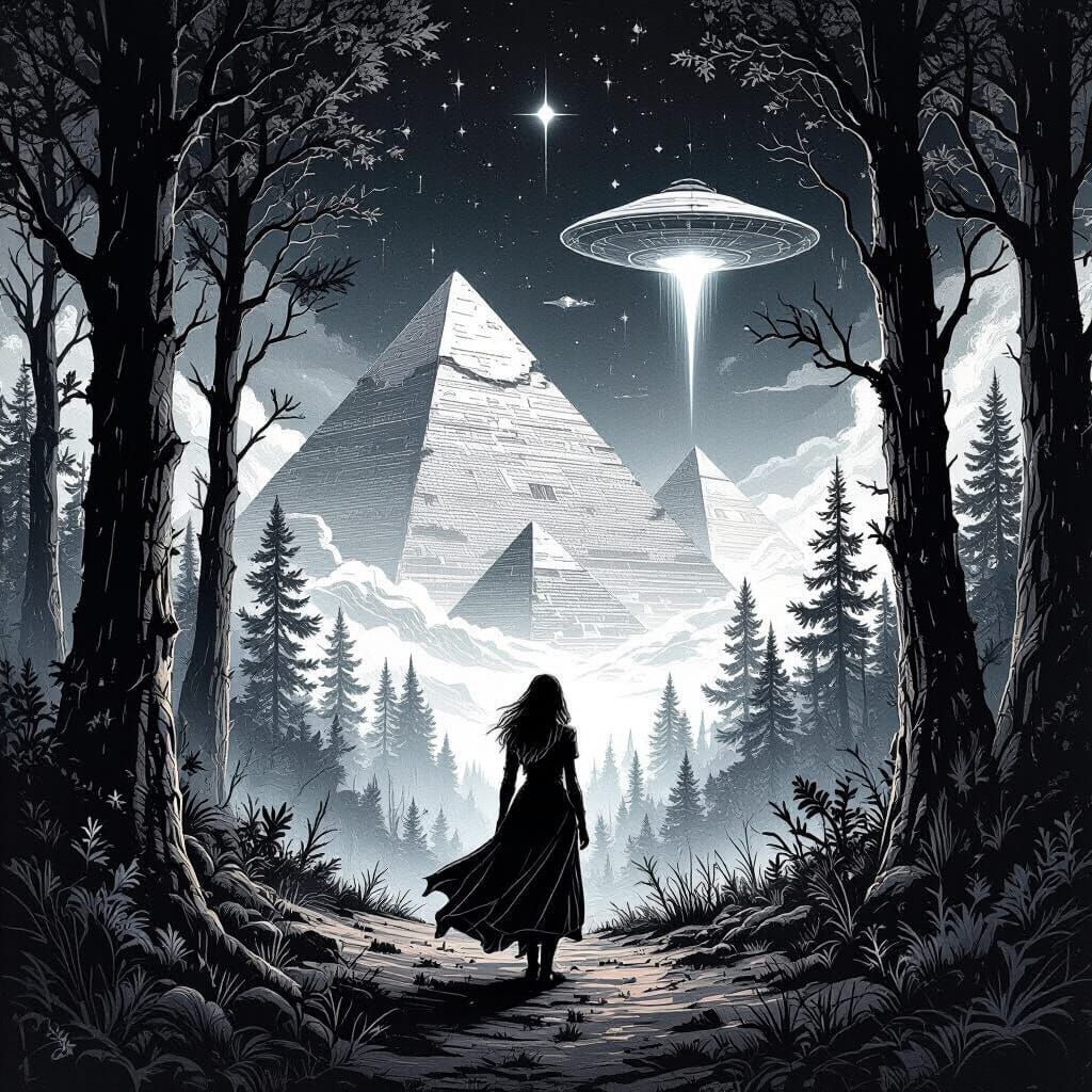 Mystical Woods: Ink Line Art with Pyramids and Spaceship