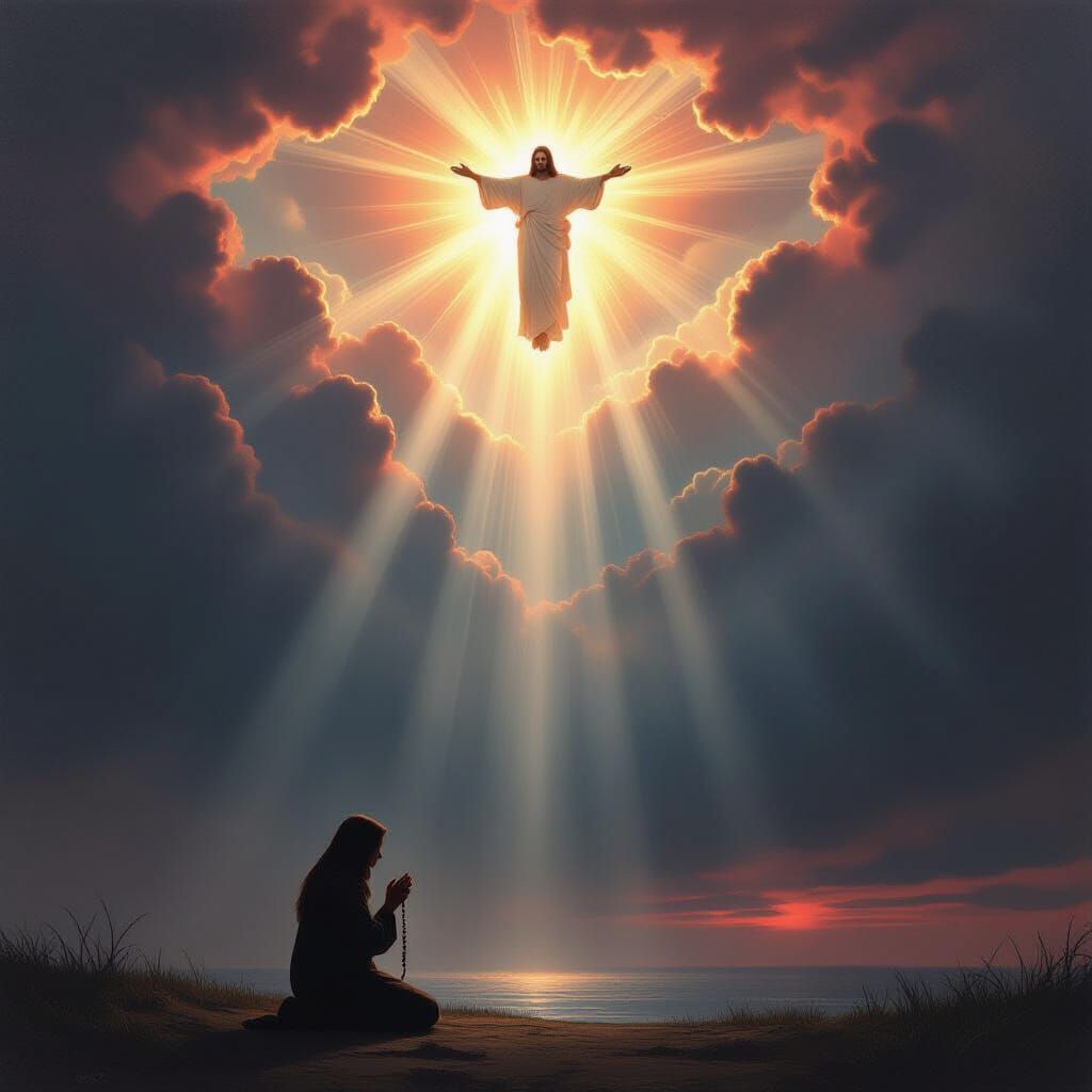 Divine Mercy Light Streams Down on Praying Figure