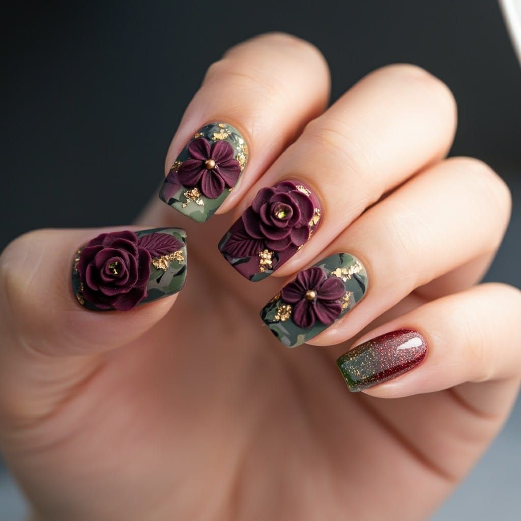 Burgundy Ombre Nail Art with Floral and Camo Accents