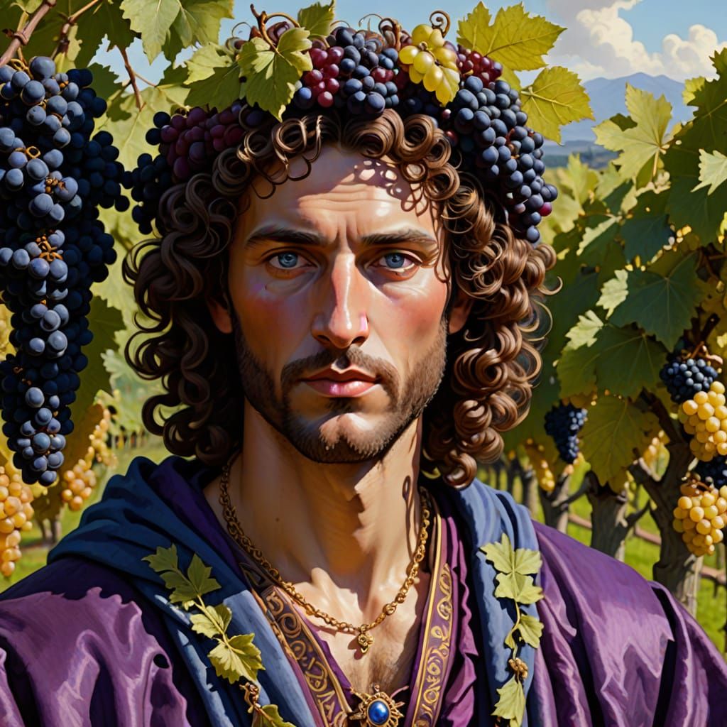 Ancient Greek God of Wine and Fertility in Vibrant Robes