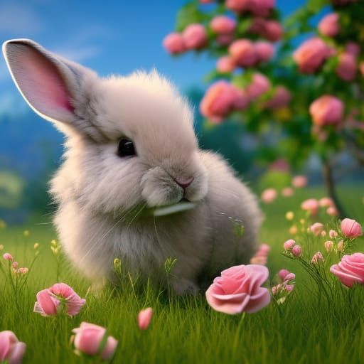 Fluffy Bunny in Rose Meadow: Fantasy Concept Art