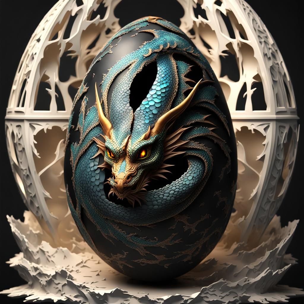 Dragon Hatchling Emerges from Fractal Egg: 3D Render