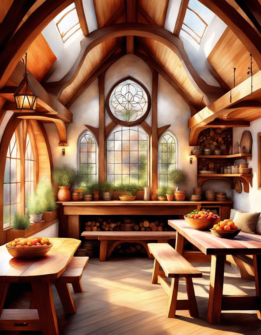 Cozy Hobbit House Interior in Watercolor Style