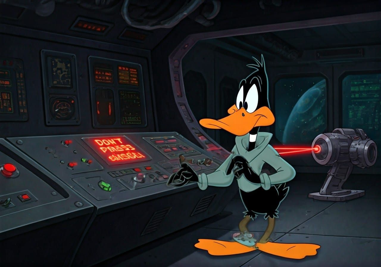 Daffy Duck in Futuristic Space Suit Stares Down a Laser
