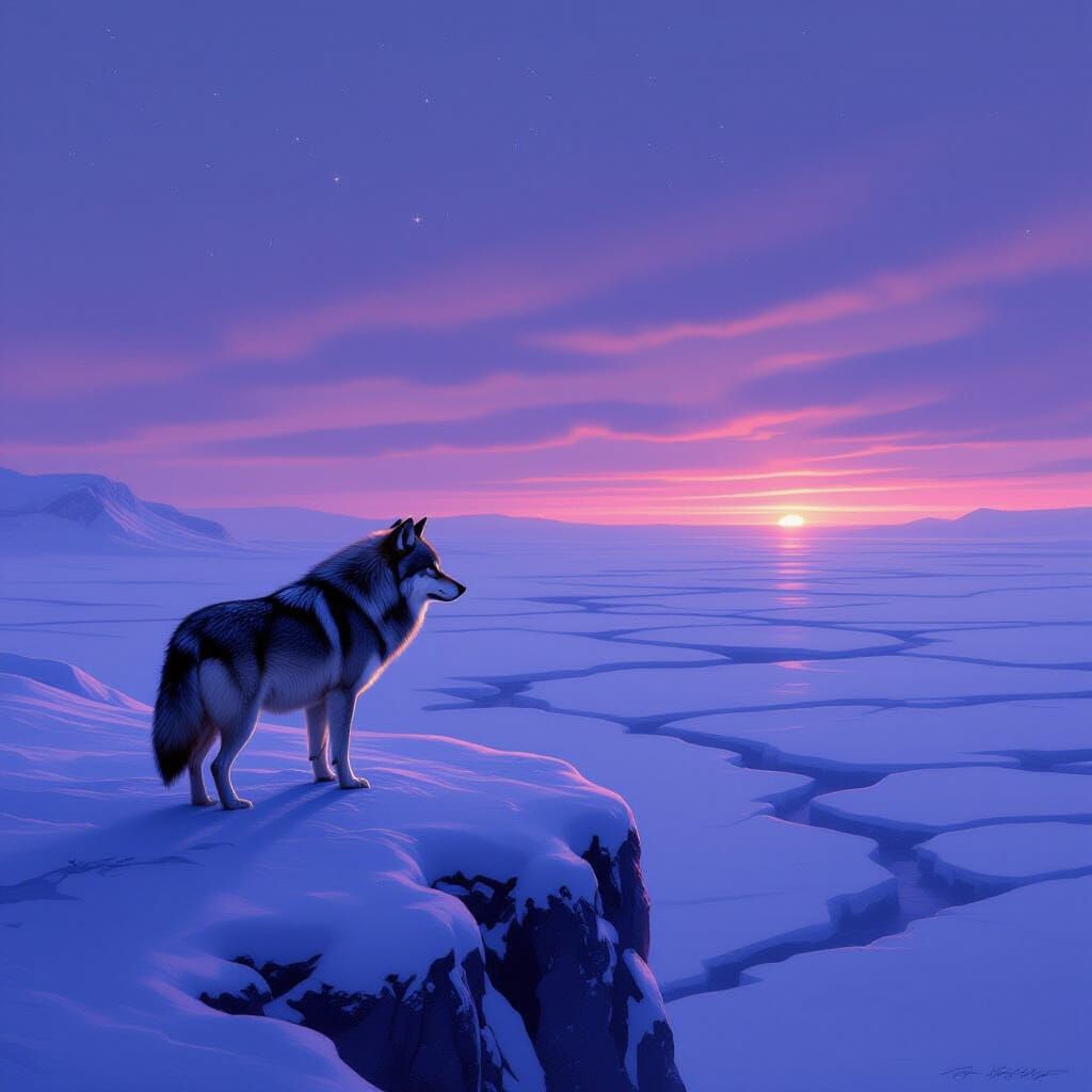 Solitary Wolf on Snow Cliff Under Twilight Sky