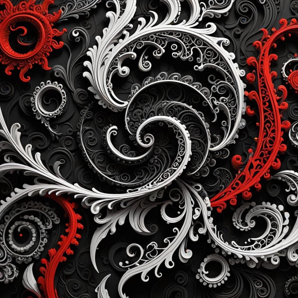 black and white. abstract. swirly. flash of red. curly wirly. tiny bit of yellow. mehndi