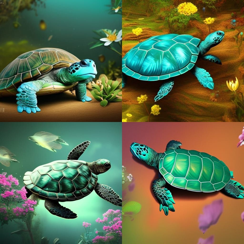 Adorable Turtle with Floral Shell: Digital Matte Painting