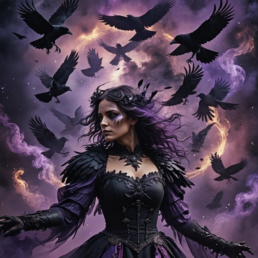 Woman as Crow in Nebula Night, Detailed Digital Art