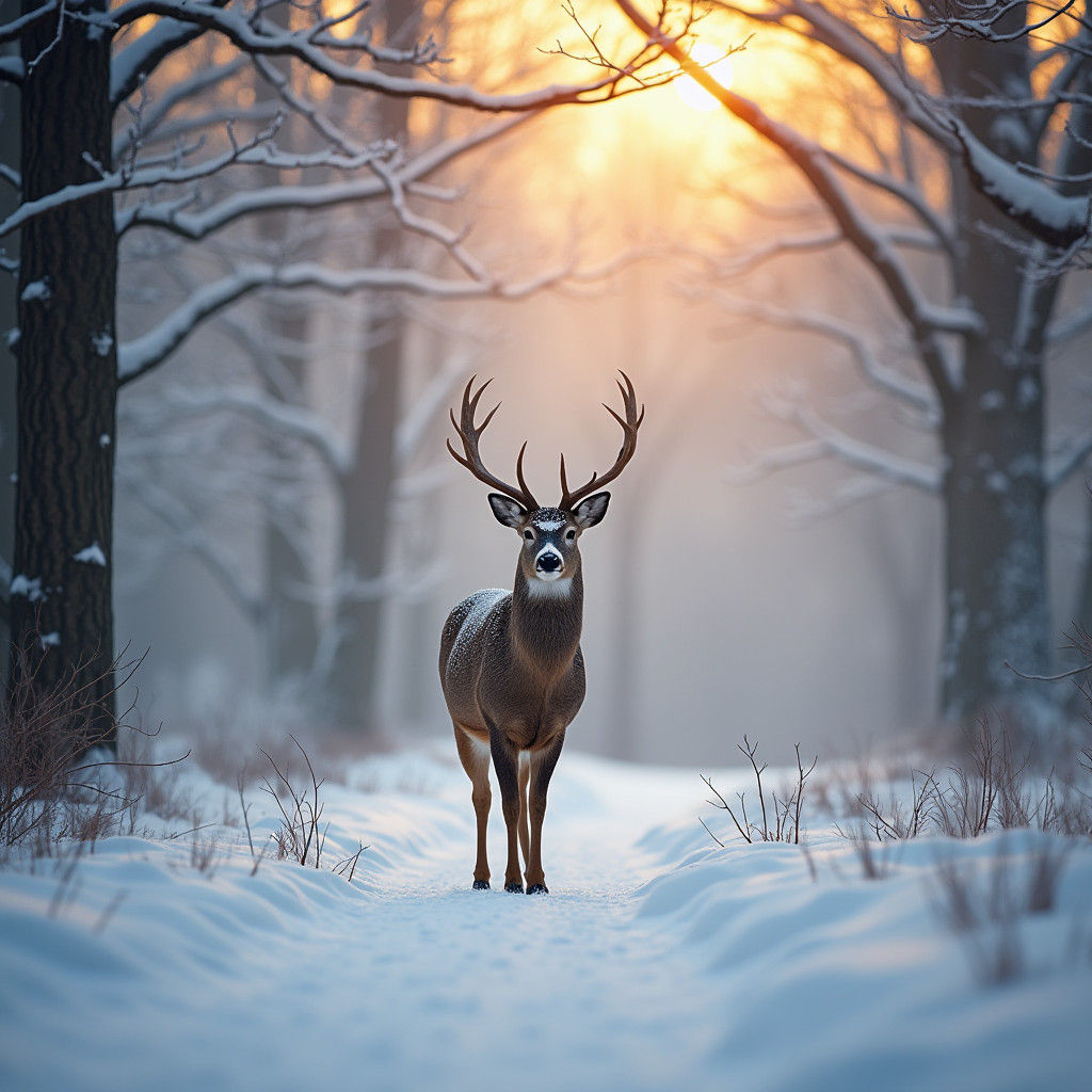 Majestic Deer in Winter Wonderland: Hyperrealistic Photo