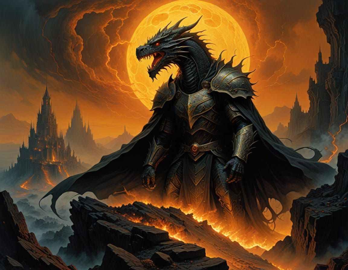 Majestic Wizard Battles Fiery Dragon in a Burning Ruined Lan...