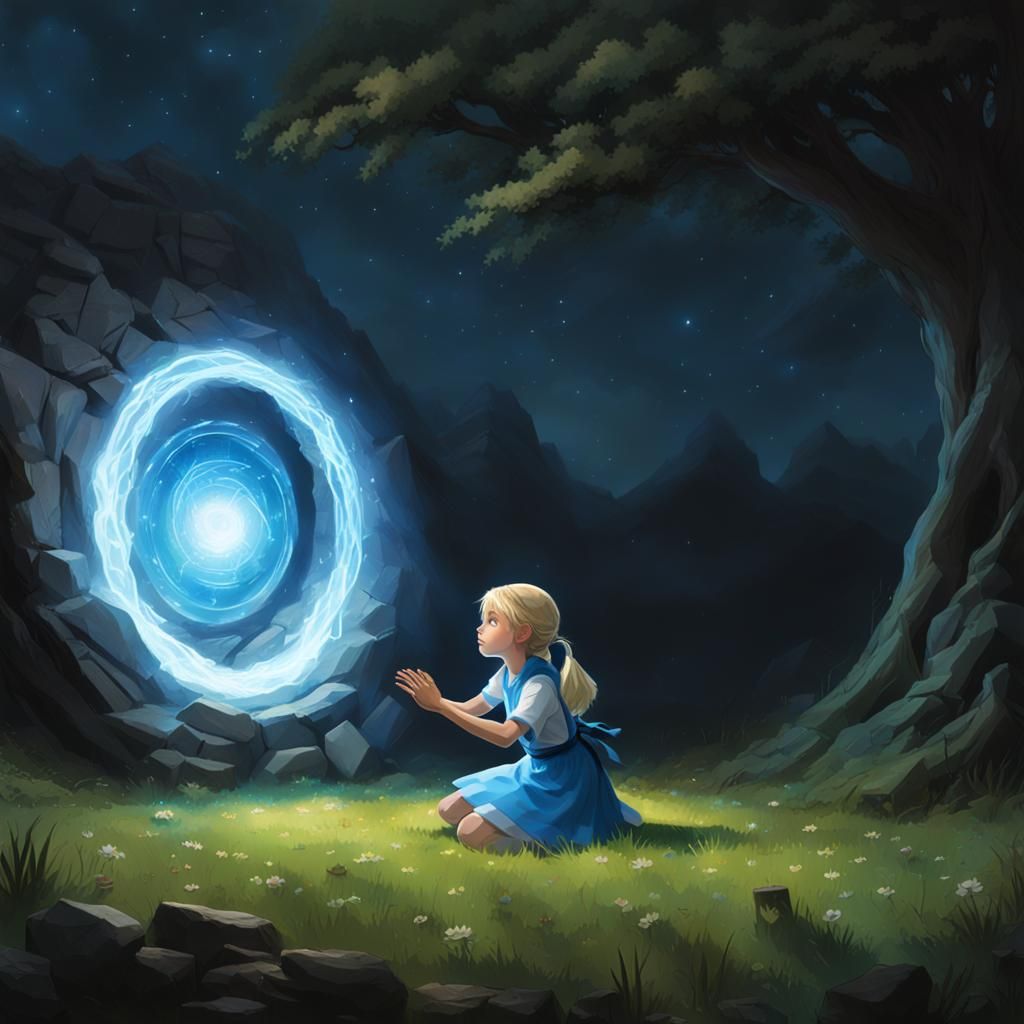 Girl Gazing into Glowing Blue Portal